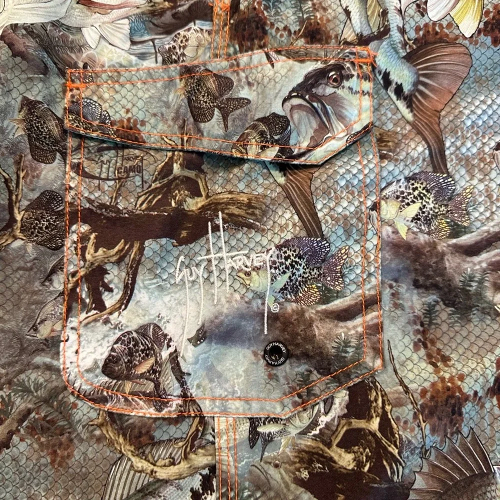 Guy Harvey AFTCO Bass Fishing Camo Board Shorts Mens 38 Swim Trunks AOP‎